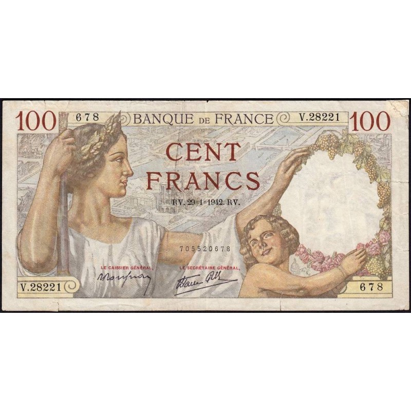 F 26-65 - 29/01/1942 - 100 francs - Sully - Série V.28221 - Etat : TB