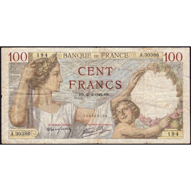 F 26-70 - 23/04/1942 - 100 francs - Sully - Série A.30386 - Etat : B+