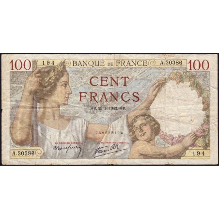 F 26-70 - 23/04/1942 - 100 francs - Sully - Série A.30386 - Etat : B+