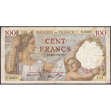 F 26-70 - 23/04/1942 - 100 francs - Sully - Série H.30403 - Etat : TB-