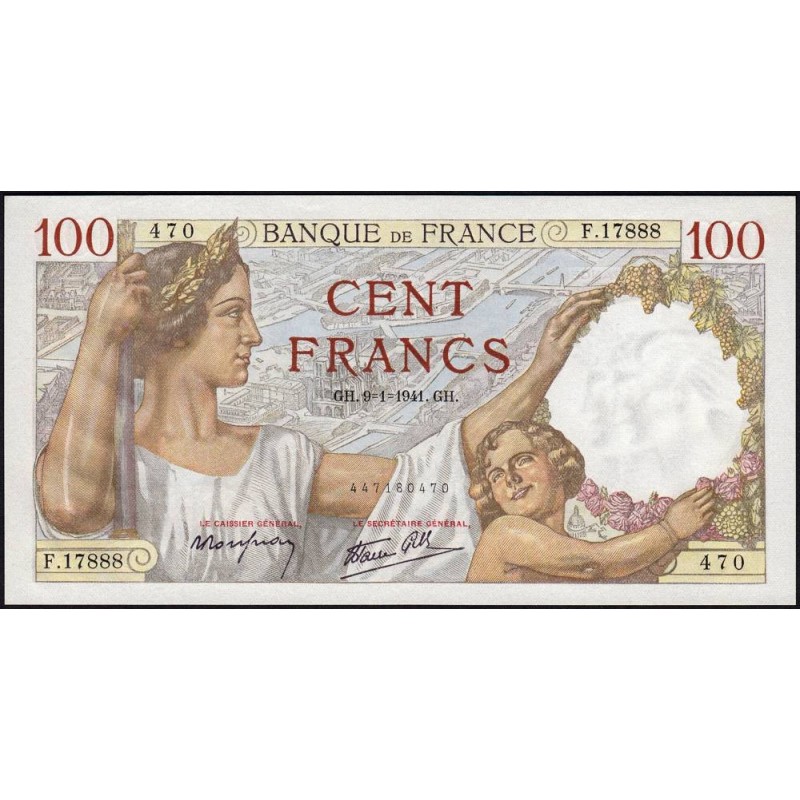 F 26-44 - 09/01/1941 - 100 francs - Sully - Série F.17888 - Etat : SPL+