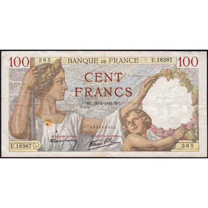 F 26-45 - 30/01/1941 - 100 francs - Sully - Série U.18837 - Etat : TTB