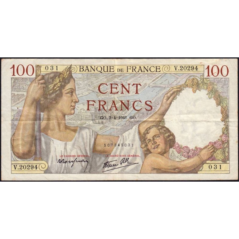 F 26-49 - 03/04/1941 - 100 francs - Sully - Série V.20294 - Etat : TTB