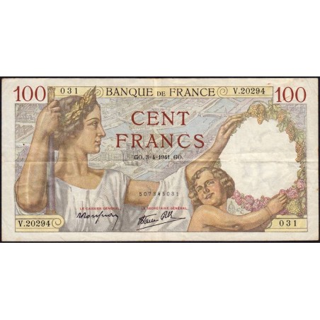 F 26-49 - 03/04/1941 - 100 francs - Sully - Série V.20294 - Etat : TTB