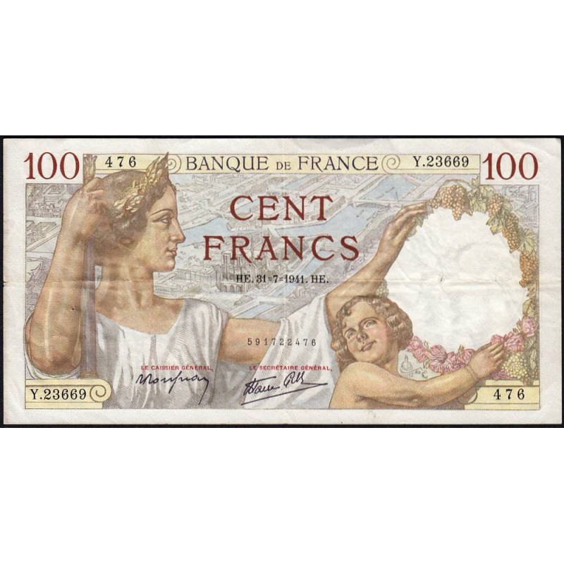 F 26-56 - 31/07/1941 - 100 francs - Sully - Série Y.23669 - Etat : TTB-