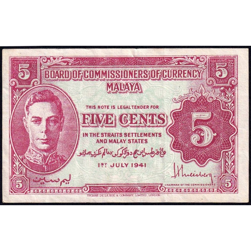 Malaisie Britannique - Pick 7a - 5 cents - Sans série - 01/07/1941 - Etat : TTB