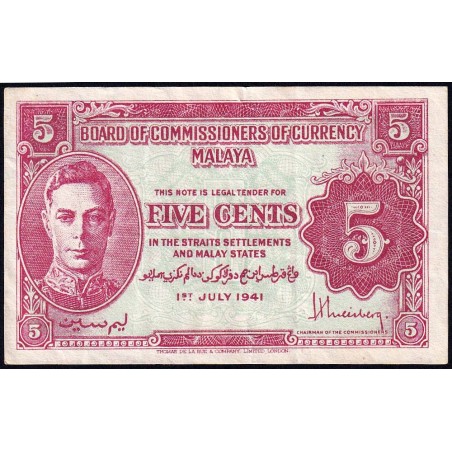 Malaisie Britannique - Pick 7a - 5 cents - Sans série - 01/07/1941 - Etat : TTB