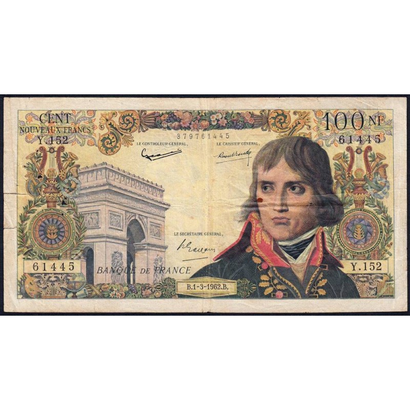 F 59-14 - 01/03/1962 - 100 nouv. francs - Bonaparte - Série Y.152 - Etat : TB-
