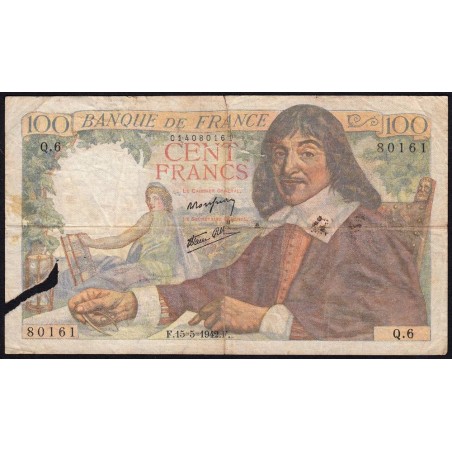 F 27-01 - 15/05/1942 - 100 francs - Descartes - Série Q.6 - Etat : AB
