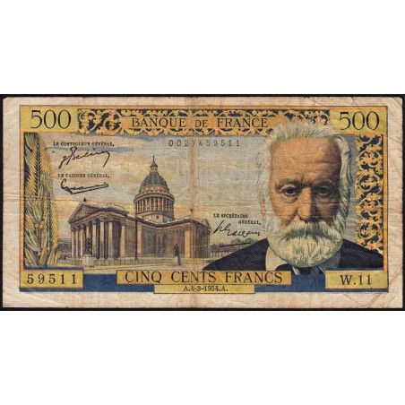 F 35-02 - 04/03/1954 - 500 francs - Victor Hugo - Série W.11 - Remplacement - Etat : B