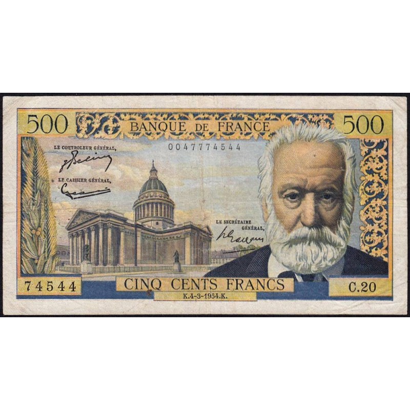 F 35-02 - 04/03/1954 - 500 francs - Victor Hugo - Série C.20 - Etat : TB+