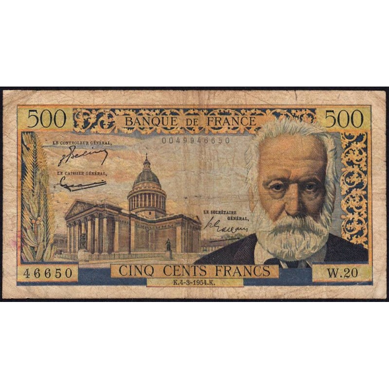 F 35-02 - 04/03/1954 - 500 francs - Victor Hugo - Série W.20 - Remplacement - Etat : B