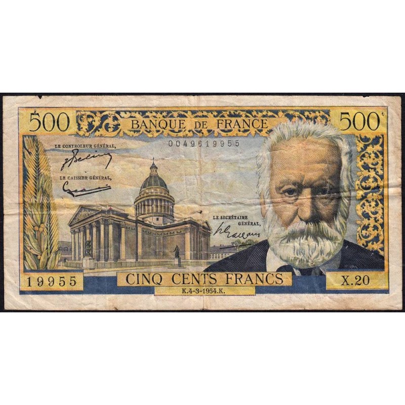 F 35-02 - 04/03/1954 - 500 francs - Victor Hugo - Série X.20 - Etat : TB-