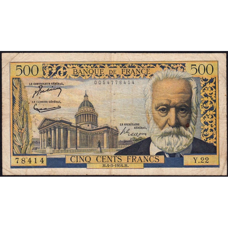 F 35-02 - 04/03/1954 - 500 francs - Victor Hugo - Série Y.22 - Etat : TB-