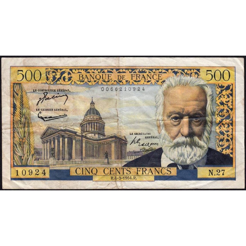 F 35-02 - 04/03/1954 - 500 francs - Victor Hugo - Série N.27 - Etat : TB