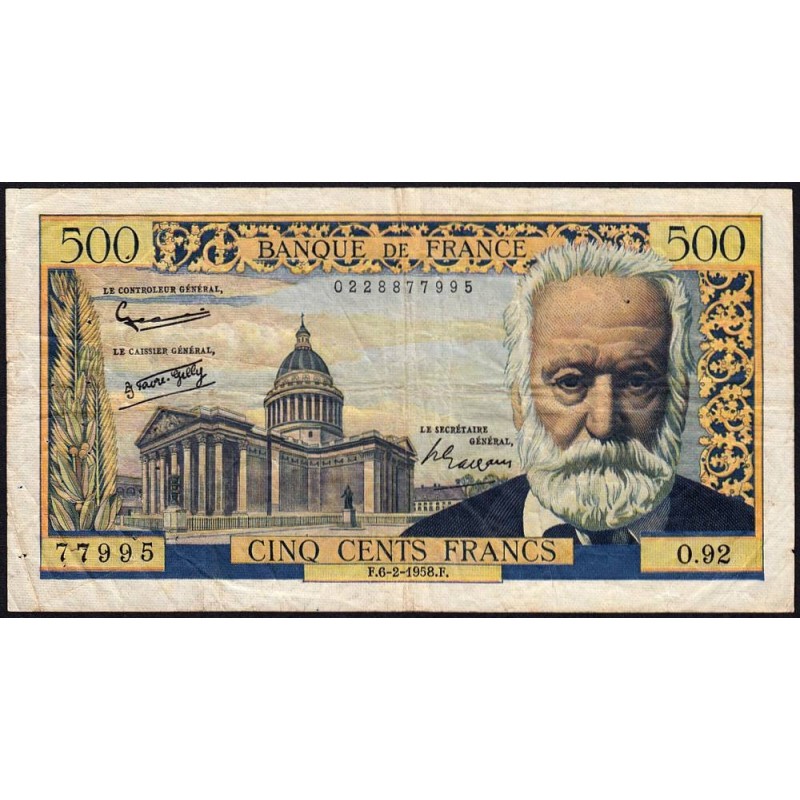 F 35-08 - 06/02/1958 - 500 francs - Victor Hugo - Série O.92 - Etat : TB