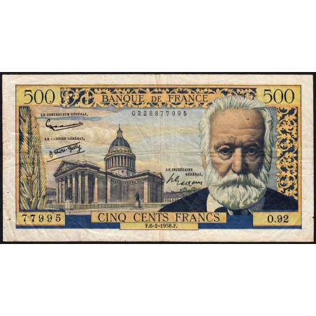 F 35-08 - 06/02/1958 - 500 francs - Victor Hugo - Série O.92 - Etat : TB