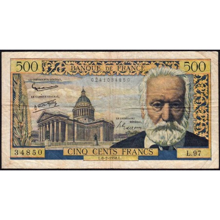 F 35-08 - 06/02/1958 - 500 francs - Victor Hugo - Série L.97 - Etat : TB-