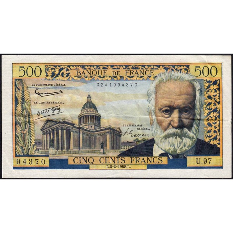 F 35-08 - 06/02/1958 - 500 francs - Victor Hugo - Série U.97 - Etat : TTB