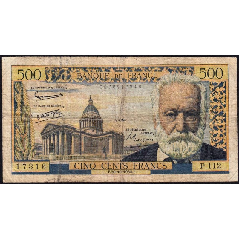 F 35-11 - 30/10/1958 - 500 francs - Victor Hugo - Série P.112 - Etat : B