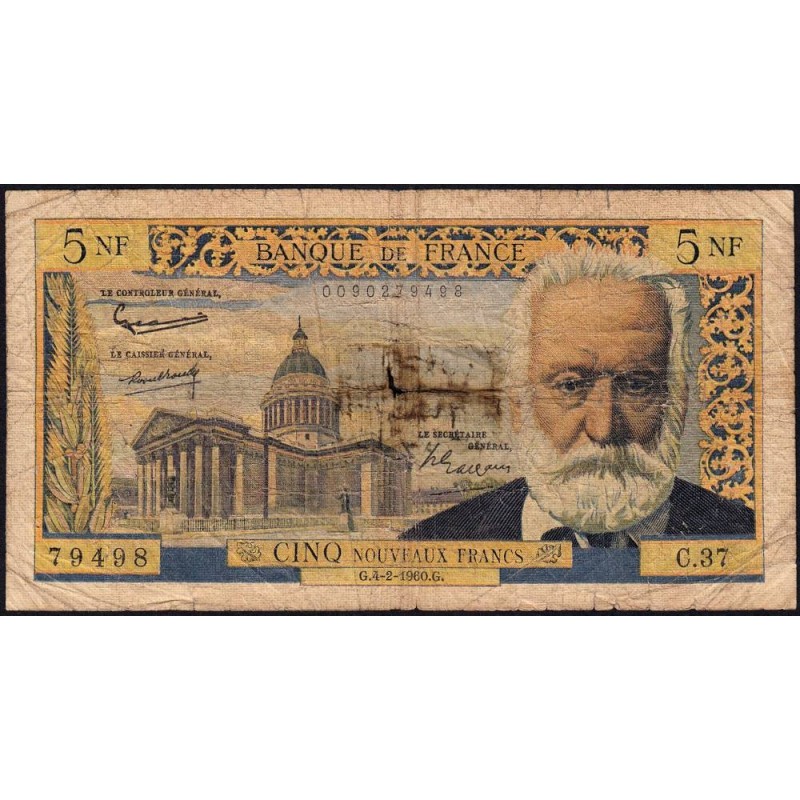 F 56-05 - 04/02/1960 - 5 nouv. francs - Victor Hugo - Série C.37 - Etat : B-