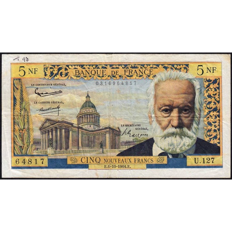 F 56-16 - 01/10/1964 - 5 nouv. francs - Victor Hugo - Série U.127 - Etat : TB+
