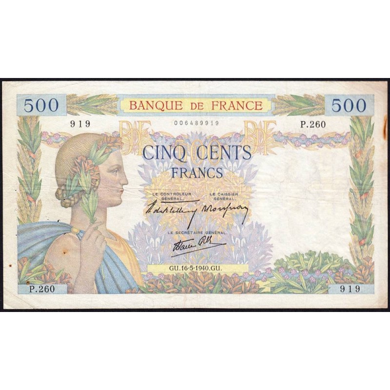 F 32-02 - 16/05/1940 - 500 francs - La Paix - Série P.260 - Etat : TTB-