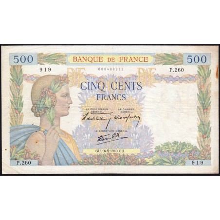 F 32-02 - 16/05/1940 - 500 francs - La Paix - Série P.260 - Etat : TTB-
