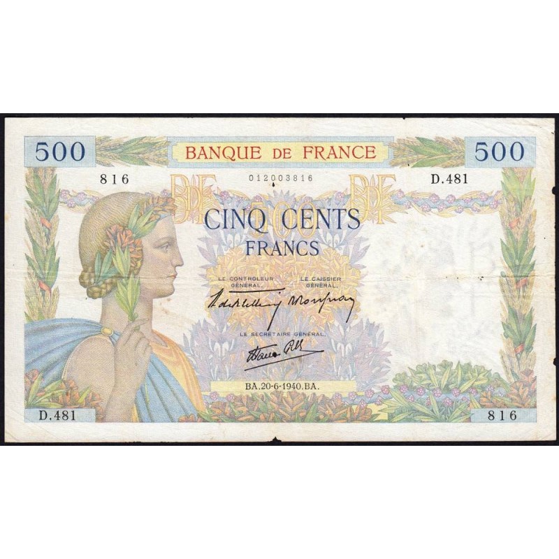 F 32-03 - 20/06/1940 - 500 francs - La Paix - Série D.481 - Etat : TB+
