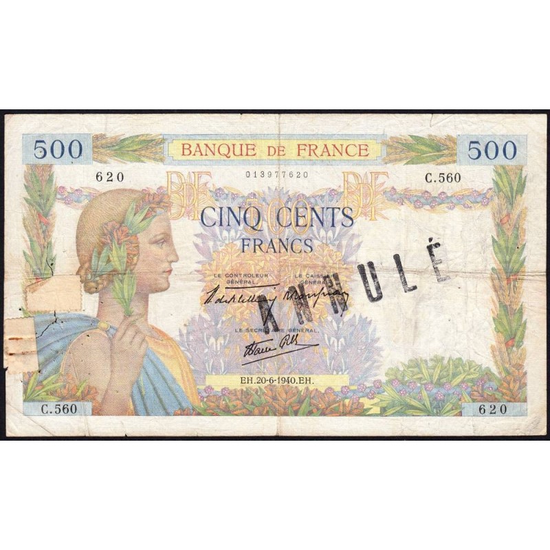 F 32-03 - 20/06/1940 - 500 francs - La Paix - Série C.560 - Annulé - Etat : B+