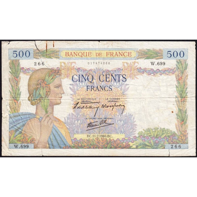 F 32-04 - 11/07/1940 - 500 francs - La Paix - Série W.699 (remplacement) - Etat : B