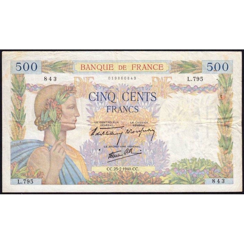 F 32-05 - 25/07/1940 - 500 francs - La Paix - Série L.975 - Etat : TB+