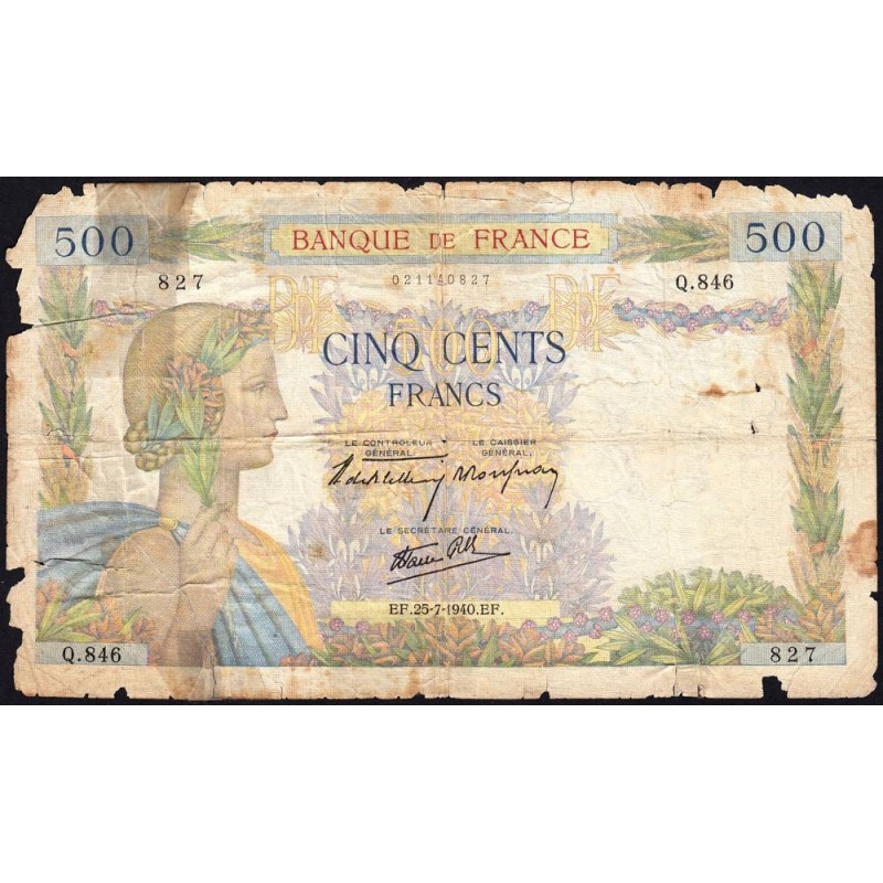 F 32-05 - 25/07/1940 - 500 francs - La Paix - Série Q.846 - Etat : AB