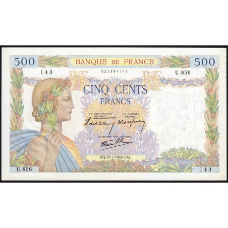 F 32-05 - 25/07/1940 - 500 francs - La Paix - Série U.856 - Etat : SUP+