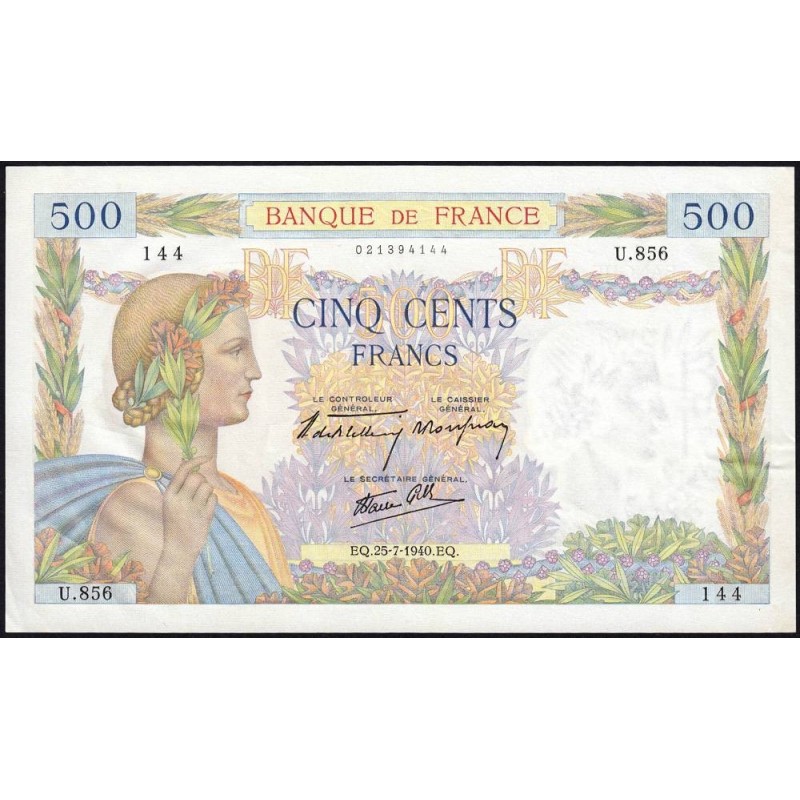 F 32-05 - 25/07/1940 - 500 francs - La Paix - Série U.856 - Etat : SUP