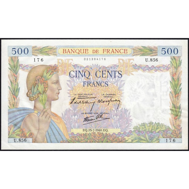 F 32-05 - 25/07/1940 - 500 francs - La Paix - Série U.856 - Etat : SUP+