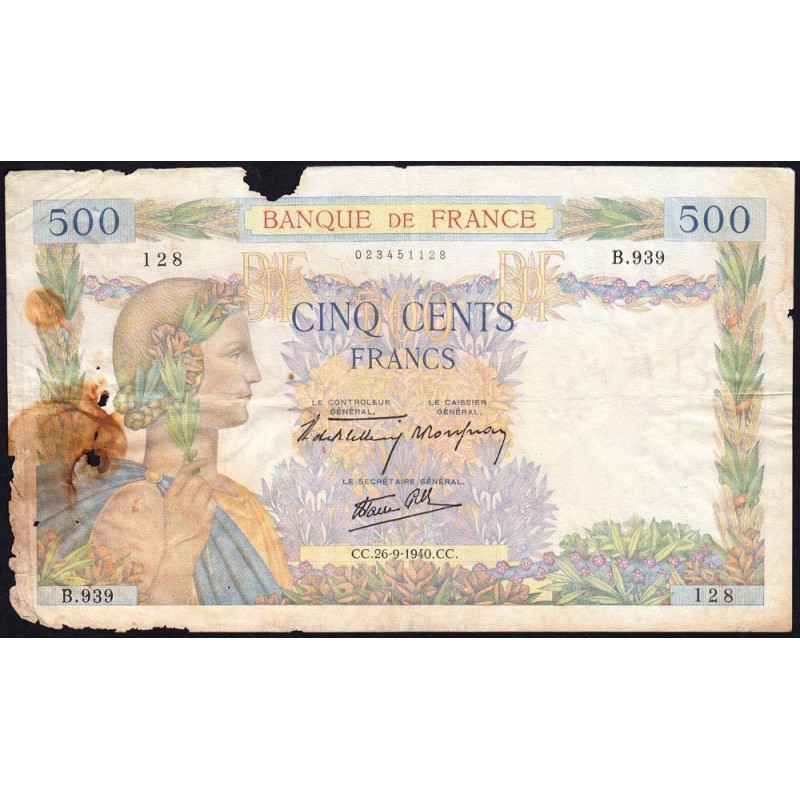F 32-06 - 26/09/1940 - 500 francs - La Paix - Série B.939 - Etat : AB