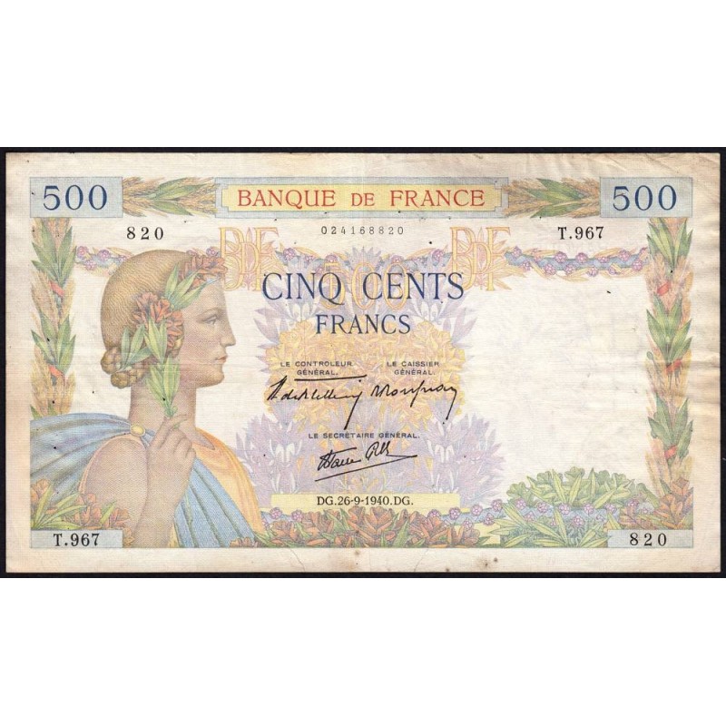 F 32-06 - 26/09/1940 - 500 francs - La Paix - Série T.967 - Etat : TB