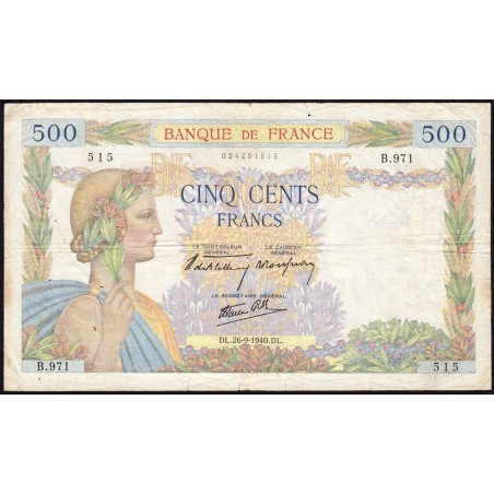 F 32-06 - 26/09/1940 - 500 francs - La Paix - Série B.971 - Etat : TB-