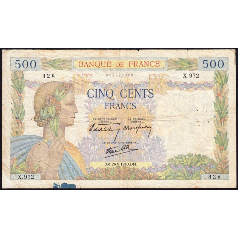 F 32-06 - 26/09/1940 - 500 francs - La Paix - Série X.972 - Etat : B+
