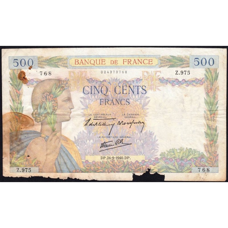 F 32-06 - 26/09/1940 - 500 francs - La Paix - Série Z.975 - Etat : AB