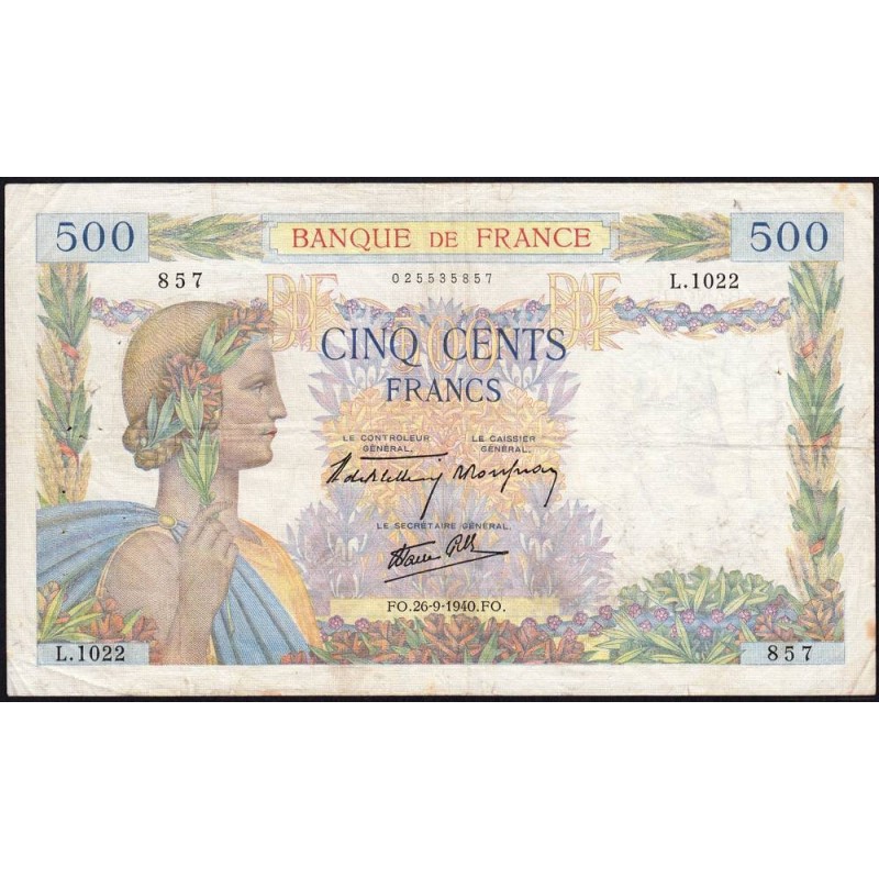 F 32-06 - 26/09/1940 - 500 francs - La Paix - Série L.1022 - Etat : TB