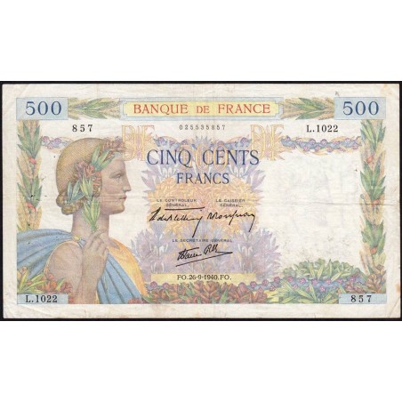 F 32-06 - 26/09/1940 - 500 francs - La Paix - Série L.1022 - Etat : TB