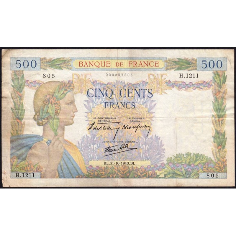 F 32-08 - 31/10/1940 - 500 francs - La Paix - Série H.1211 - Etat : TB-