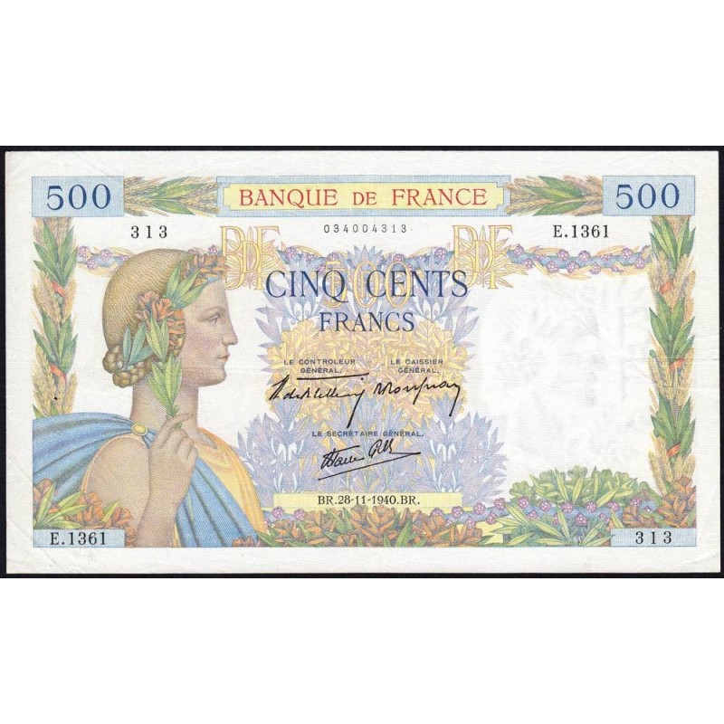 F 32-09 - 28/11/1940 - 500 francs - La Paix - Série E.1361 - Etat : TTB