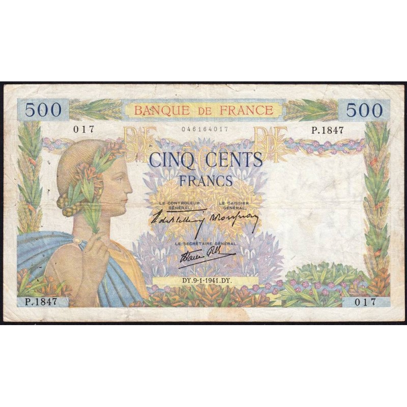 F 32-12 - 09/01/1941 - 500 francs - La Paix - Série P.1847 - Etat : TB-