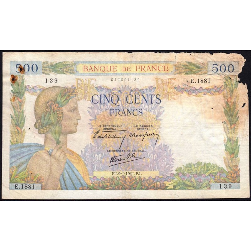 F 32-12 - 09/01/1941 - 500 francs - La Paix - Série E.1881 - Etat : AB