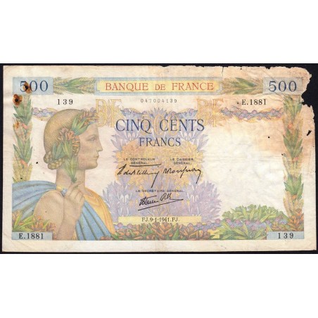 F 32-12 - 09/01/1941 - 500 francs - La Paix - Série E.1881 - Etat : AB