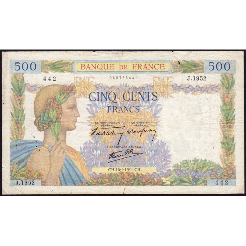 F 32-13 - 16/01/1941 - 500 francs - La Paix - Série J.1952 - Etat : B+