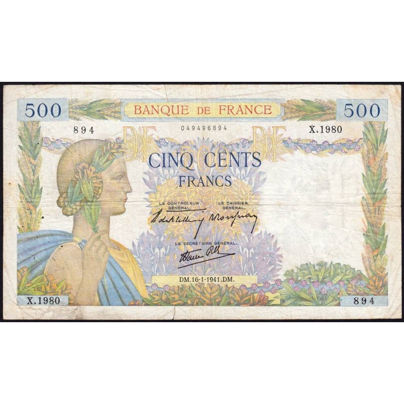 F 32-13 - 16/01/1941 - 500 francs - La Paix - Série X.1980 - Etat : TB-